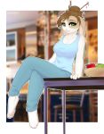  2019 4_toes 5_fingers anthro barefoot blurred_background breasts brown_hair clothed clothing detailed_background eyelashes female green_eyes hair lagomorph mammal rabbit savemekitty sitting smile solo toes 
