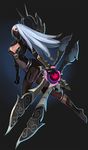  alternate_costume artist_request blade bodysuit breasts center_opening gloves hips irelia large_breasts league_of_legends long_hair mask navel nightblade_irelia red_eyes silver_hair solo source_request 