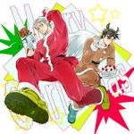  animal_costume antlers bad_id bad_pixiv_id beard black_hair cake chicken_(food) chicken_leg christmas dual_persona facial_hair food hat highres jojo_no_kimyou_na_bouken joseph_joestar_(young) multiple_boys old older oreha00701 reindeer_antlers reindeer_costume sack santa_costume santa_hat shoes sneakers teenage younger 