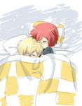  2boys bed blanket blonde_hair blush child haru_(tsuritama) male male_focus moxue_qianxi multiple_boys pillow red_hair sanada_yuki shirt short_hair t-shirt tsuritama 