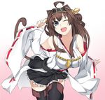  ;d absurdres ahoge animal_ears arm_up black_footwear black_hairband black_hakama black_legwear boots breasts brown_hair cat_ears cat_tail eyebrows_visible_through_hair grey_eyes hairband hakama hakama_skirt highres japanese_clothes kantai_collection kongou_(kantai_collection) lace-trimmed_sleeves large_breasts leaning_forward long_hair looking_at_viewer nontraditional_miko one_eye_closed open_mouth sensei_(hitagi3594) smile solo tail thigh_boots thighhighs zettai_ryouiki 