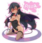  bat_wings black_hair bow bowtie breasts cleavage copyright_name demon_tail detached_collar fishnet_legwear fishnets glasses gloves heart i_b_b_e large_breasts leotard long_hair phantasy_star phantasy_star_online_2 playboy_bunny_leotard pointy_ears red_eyes smile solo tail thighhighs wings wrist_cuffs 