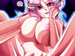  1girl areolae breasts female heart horns huge_breasts kazuma_yamane lips long_hair looking_at_viewer nipples pink_eyes pink_hair shiny shiny_skin smile spread_legs thighs 