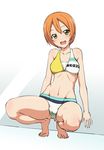  :d bare_shoulders barefoot bikini blush breasts cameltoe clothes_writing foreshortening hoshizora_rin kosuke_haruhito love_live! love_live!_school_idol_project multicolored multicolored_stripes navel open_mouth orange_hair short_hair small_breasts smile solo squatting striped striped_bikini swimsuit tiptoes toned yellow_eyes 