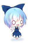  akisha bad_id bad_pixiv_id blue_dress blue_hair bow cirno dress fang hair_bow ice ice_wings o_o open_mouth puffy_sleeves shirt short_sleeves simple_background smile solo touhou white_background wings 