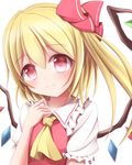  ascot bad_id bad_pixiv_id blonde_hair bow flandre_scarlet hair_bow hand_on_own_chest head_tilt kuroganeruto looking_at_viewer red_eyes side_ponytail simple_background smile solo touhou white_background wings 