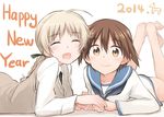  2girls :3 :d ^_^ ahoge bad_feet barefoot blush braid brown_eyes brown_hair closed_eyes hands_together happy_new_year long_hair looking_at_viewer lying lynette_bishop miyafuji_yoshika multiple_girls new_year on_stomach open_mouth short_hair smile strike_witches tsuchii_(ramakifrau) world_witches_series 