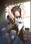  :&lt; animal_ears black_legwear bow bowtie brown_hair bunny_ears bunnysuit cannon denkou_nyako detached_collar fake_animal_ears flat_chest fubuki_(kantai_collection) green_eyes highres kantai_collection leotard pantyhose short_hair solo torpedo turret window wrist_cuffs 