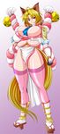  1girl animal_ears bell between_breasts blonde_hair breasts bursting_breasts female huge_breasts japanese_clothes kazuma_yamane legwear long_hair pink_eyes shiny shiny_skin standing thick_thighs thighs very_long_hair 