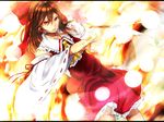  arm_up ascot bad_id bad_pixiv_id bow brown_hair danmaku detached_sleeves fiery_background fire gohei hair_bow hair_tubes hakurei_reimu leaning_back long_hair parted_lips red_eyes skirt skirt_set solo touhou yuhito_(ablbex) 