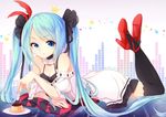  2014 artist_name blue_eyes blue_hair cushion dated detached_sleeves food hatsune_miku high_heels highres kyuri_tizu long_hair looking_at_viewer lying on_stomach pudding solo spoon thighhighs twintails very_long_hair vocaloid world_is_mine_(vocaloid) 