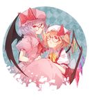  bat_wings bespectacled blonde_hair dress fang flandre_scarlet glasses hat highres multiple_girls open_mouth purple_hair red-framed_eyewear red_eyes remilia_scarlet shuzi siblings side_ponytail sisters touhou wings wrist_cuffs 