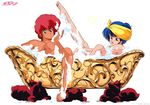  2girls barefoot blue_hair dirty_pair kei_(dirty_pair) multiple_girls official_art red_hair yuri_(dirty_pair) 