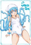  blue_eyes blue_hair fukuitakumi hat ikamusume long_hair one-piece_swimsuit shinryaku!_ikamusume swimsuit tentacle_hair 