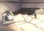  androgynous aqua_eyes bed blanket chair closed_mouth desk eyes_visible_through_hair green_hair hand_on_own_stomach hand_up indoors kino kino_no_tabi long_sleeves lying on_back on_bed one_eye_closed owerk pillow shadow short_hair solo sunlight table tomboy 