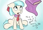  blue_eyes coco_pommel_(mlp) dialog equine fabric fearingfun female friendship_is_magic fur horse mammal my_little_pony pony solo text two_tone_hair white_fur working 