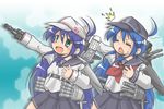  android blue_hair closed_eyes commentary_request cosplay dual_persona fang gaketsu hat hibiki_(kantai_collection) hibiki_(kantai_collection)_(cosplay) izumi_konata kantai_collection konata-02 long_hair lucky_star mole mole_under_eye multiple_girls school_uniform serafuku verniy_(kantai_collection) verniy_(kantai_collection)_(cosplay) 