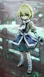  arm_warmers blonde_hair bridal_gauntlets bridge dress expressionless full_body furorida green_eyes head_tilt highres layered_dress leg_warmers light_particles looking_at_viewer mizuhashi_parsee railing sandals scarf short_hair sketch solo touhou water 
