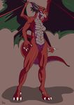  claws digitigrade dragon female horn navel nude plain_background red_skin rex_equinox scalie solo standing wings 