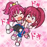  :o aida_mana aino_megumi black_legwear blush carrying chibi closed_eyes color_connection crossover dokidoki!_precure flipped_hair full_body guardias half_updo happinesscharge_precure! happy heart heart_background long_hair md5_mismatch multiple_girls no_nose pantyhose pink_background pink_eyes pink_hair ponytail precure princess_carry purple_legwear shoes short_hair skirt smile thighhighs yuri 