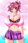  1girl blush bra breasts cleavage collarbone female huge_breasts kazuma_yamane navel pink_hair ponytail shiny shiny_skin skirt smile underwear 