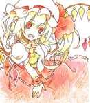  ascot blonde_hair colored_pencil_(medium) dress fang flandre_scarlet hat hat_ribbon looking_at_viewer marker_(medium) mob_cap open_mouth puffy_sleeves red_dress red_eyes ribbon shirt short_sleeves side_ponytail slit_pupils smile solo touhou toutenkou traditional_media wings wrist_cuffs 