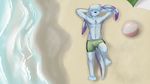  arms_behind_head barefoot beach big_ears blue_fur bulge butter colored eyes_closed fur grin happy hybrid lagomorph lying male mammal markings mene menebunny mustelid otter outside paws purple_fur rabbit seaside smile solo swimsuit thick_tail topless 