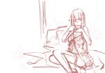  chemise cup drinking eyebrows highres kill_la_kill kiryuuin_satsuki lingerie long_hair monochrome panties_(pantsu-pirate) sitting sketch solo teacup thick_eyebrows thighhighs underwear 