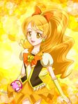  bad_id bad_pixiv_id blonde_hair bow brooch cure_honey earrings hair_bow happinesscharge_precure! jewelry long_hair magical_girl oomori_yuuko orange_skirt ponytail precure puffy_sleeves ribbon skirt smile solo tokiwa_wakatake wide_ponytail wrist_cuffs yellow_background yellow_eyes 