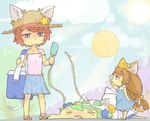  :x animal_ears bag bare_shoulders blue_skirt blue_sky blush brown_hair camisole cat_ears collarbone commentary_request day dejiko di_gi_charat full_body gema green_hair hair_ornament handbag hat height_difference hot light_rays looking_at_another mike_(di_gi_charat) multiple_girls open_mouth outdoors puchiko reaching red_hair shirt short_hair skirt sky sleeveless sleeveless_shirt standing sun sunlight tail top-down_bottom-up toritoma_(sweetandsour) wavy_arms 