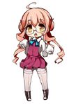  ahoge bad_id bad_pixiv_id blush chibi glasses kantai_collection kinakomoti long_hair looking_at_viewer makigumo_(kantai_collection) open_mouth pantyhose pink_hair purple_skirt school_uniform simple_background skirt sleeves_past_fingers sleeves_past_wrists solo thighband_pantyhose twintails white_background yellow_eyes 