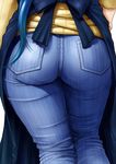  apron ass ass_focus blue_hair close-up denim fine_fabric_emphasis from_behind gundam gundam_build_fighters hand_on_hip iori_rinko jeans long_hair pants pantylines ribbed_sweater shinobu_(tyno) simple_background solo sweater thighs tight tight_pants very_long_hair white_background wide_hips 