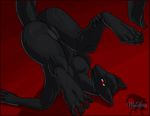  anus black_fur butt claws cuntboy digitigrade fur intersex legs_up looking_at_viewer lying nude on_back plain_background presenting pussy red_eyes sergal solo toes vyse wyldfire 