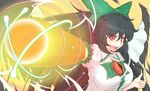  arm_cannon black_hair black_wings bow breasts cube85 hair_bow large_breasts long_hair open_mouth red_eyes reiuji_utsuho shirt smile solo third_eye touhou weapon white_shirt wings 