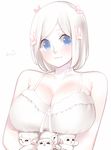  blue_eyes breasts butterfly cleavage dskn huge_breasts original sheep simple_background white_hair 