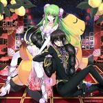  1girl 2014 bare_shoulders black_hair boots breasts c.c. cheese-kun cleavage code_geass code_geass:_boukoku_no_akito couple creayus elbow_gloves eyepatch feather_boa food fruit gloves grapes green_hair high_heels jewelry julius_kingsley lelouch_lamperouge long_hair medium_breasts midriff necklace purple_eyes ribbon ribbon-trimmed_clothes ribbon-trimmed_legwear ribbon_trim thigh_boots thighhighs yellow_eyes 