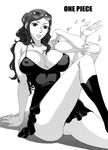  1girl arm_support breasts copyright_name dress extra_arms female greyscale hana_hana_no_mi hanzaki_jirou huge_breasts leaning_back long_hair looking_at_viewer monochrome nico_robin one_piece panties pantyshot punk_hazard sitting smile solo sunglasses sunglasses_on_head underwear 