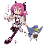  blush_stickers clenched_hand commentary_request disgaea fang fang_out holding_hands horns makai_senki_disgaea_3 pantyhose pink_eyes pink_hair poponaref prinny raspberyl sailor_collar skirt smile tail white_sailor_collar wristband 