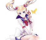  back_bow bad_id bad_pixiv_id bishoujo_senshi_sailor_moon blonde_hair blue_eyes blue_sailor_collar bow brooch choker crescent double_bun elbow_gloves facial_mark forehead_mark gloves heart heart_choker highres holding holding_wand jewelry kerogi_haku long_hair magical_girl multicolored multicolored_clothes multicolored_skirt red_bow ribbon sailor_collar sailor_moon sailor_senshi_uniform skirt smile solo spiral_heart_moon_rod super_sailor_moon tsukino_usagi twintails wand white_background white_gloves 