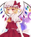  ascot blonde_hair bow flandre_scarlet hachimitsu_ame_(phoenix) hat hat_bow highres looking_at_viewer mob_cap puffy_sleeves red_eyes shirt short_sleeves side_ponytail skirt skirt_set slit_pupils smile solo touhou vest wings 