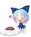  &gt;_&lt; :d akisha bad_id bad_pixiv_id blue_dress blue_hair bow cirno closed_eyes dress fang food hair_bow heart ice ice_wings open_mouth plate pudding puffy_sleeves shirt short_sleeves simple_background smile solo spoon touhou white_background wings xd 