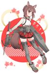  2014 animal_ears bad_id bad_pixiv_id bike_shorts blush bow_(weapon) brown_eyes brown_hair crossbow flat_chest headband headgear highres kantai_collection kemonomimi_mode lacolon pleated_skirt short_hair skirt solo taihou_(kantai_collection) tail thighhighs weapon 