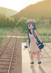  bag blue_eyes blue_hair dress hat ikamusume isou_nagi long_hair railroad_tracks shinryaku!_ikamusume tentacle_hair 