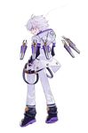  add_(elsword) belt elsword full_body gloves glowing glowing_eye grin hands_in_pockets highres hood hoodie hwansang jacket looking_back male_focus official_art pants purple_eyes shirt shoes smile solo tracer_(elsword) white_background white_hair 