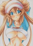  :o arms_behind_head arms_up bangs blue_eyes blush bra_strap breasts brown_hair covered_nipples curvy double_bun hair_between_eyes half_updo head_tilt large_breasts light_brown_hair long_hair long_sleeves looking_at_viewer marker_(medium) mei_(pokemon) navel no_bra parted_lips poke_ball_print pokemon pokemon_(game) pokemon_bw2 raglan_sleeves shirt shirt_lift simple_background solo t-shirt taut_clothes taut_shirt traditional_media twintails underboob upper_body very_long_hair visor_cap white_background wide_hips yutakasan-love 