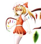  bad_id bad_pixiv_id blonde_hair bow flandre_scarlet hat hat_bow kuroganeruto red_eyes side_ponytail solo thighhighs touhou white_background white_legwear wings 