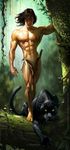  biceps black_fur black_panther david_dunstan feline fur hair jungle knife loincloth long_hair looking_at_viewer male mammal muscles nipples panther pecs pose standing tarzan toned topless vein vine 