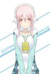  animal_print breasts cat_print character_name collarbone hair_between_eyes headphones izumi_sai jewelry large_breasts long_sleeves looking_at_viewer necklace nitroplus pendant pink_eyes pink_hair shirt smile solo super_sonico v_arms 
