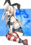  absurdres blonde_hair blush boots elbow_gloves flat_chest gloves grey_footwear hairband highres ika_(seppia) kantai_collection long_hair navel sailor_collar shimakaze_(kantai_collection) skirt solo striped striped_legwear thighhighs underwear white_gloves 