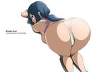 absurdres all_fours aqua_eyes ass ass_focus blue_eyes blue_hair blush breast_press breasts character_name copyright_name gundam gundam_build_fighters highres iori_rinko large_breasts light_smile long_hair looking_at_viewer looking_back mature panties ponytail simple_background smile solo thong tonotyama top-down_bottom-up topless underwear white_background 